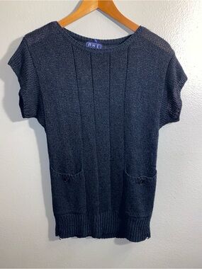 Vintage OHI Black Silk Blend Open Knit Short Sleeve Sweater Top Pockets Medium